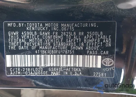 2015 Toyota Avalon Xle/Premium/Touring/Ltd from USA, damaged, VIN 4T1BK1EB0FU178751